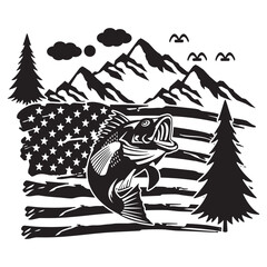 Bass Fish Mountain American Flag Distressed Silhouette 
