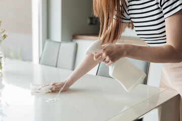 Unrecognizable cropped woman, housewife hand do household chores, cleaning apartment with cleaning disinfection sprayer 