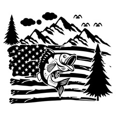 Bass Fish Mountain American Flag Distressed Silhouette 