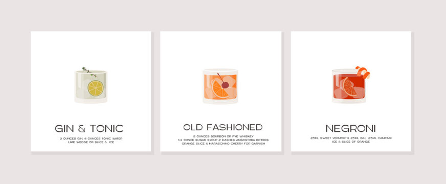 Gin Tonic Cocktail with lime. Old Fashioned on rocks. Negroni with orange twist in glass with ice. Summer aperitif recipe card. Minimalist print with alcoholic beverage on white. Vector illustration.