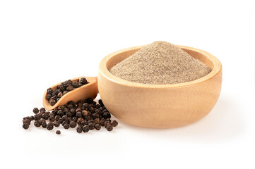 Close up Ground pepper in wooden bowl with black pepper isolated on white background.