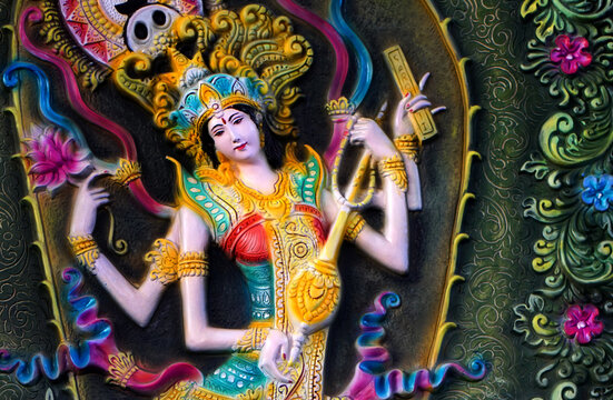  wall art of Indian Goddess Saraswati in a temple
