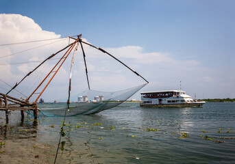 Traditional Chinese fishing nets at Fort Kochi in Kerala, India. 