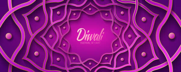 Indian mandala background or banner in paper cut style with gold for Diwali festival of light. Ornament lotus flower. Festive cover for website. 3D Vector illustration