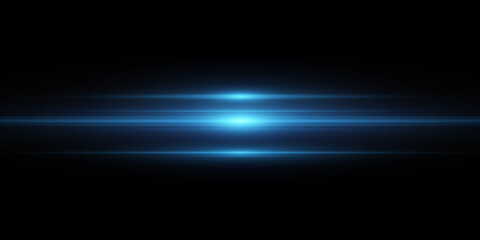 Horizontal light effect isolated on black background. Graphical element for design. Bright blue glowing lines. Lens flare. Abstract rays. Vector illustration