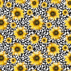 Sunflowers, black and white leopard background seamless pattern, Abstract digital paper, Scrapbooking