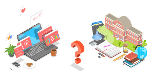 3D Isometric Flat  Concept of Online Learning vs Offline.