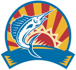Sailfish Jumping Sunburst Woodcut Retro