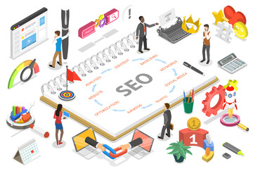 3D Isometric Flat  Conceptual Illustration of Search Engine Optimization Steps.
