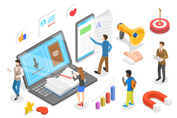 3D Isometric Flat  Conceptual Illustration of E-book Marketing Campaign.
