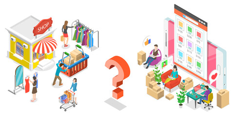 3D Isometric Flat  Conceptual Illustration of Online vs Ofline Shoppping.