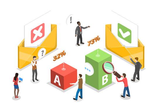 3D Isometric Flat  Conceptual Illustration of E-mail AB testing.