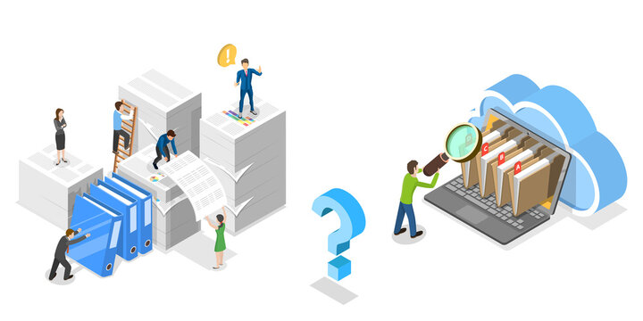 3D Isometric Flat  Conceptual Illustration Of Paper VS Digital Documents.