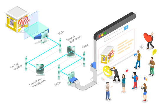 3D Isometric Flat  Conceptual Illustration of Visibility Marketing Strategy