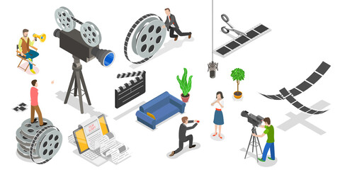 3D Isometric  Conceptual Illustration of Movie Making Process. - obrazy, fototapety, plakaty