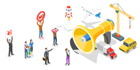 3D Isometric Flat  Conceptual Illustration of Noise Pollution.