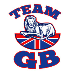 Fototapeta illustration of a Lion sitting on fours  with British Great Britain union jack flag in background with words team gb obraz