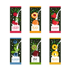 Fruit milk labels set. Organic product badges. Cherry, peach, strawberry, blueberry, kiwi, pineapple milk cartoon vector illustration
