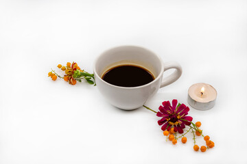 hot coffee espresso with flowers arrangement flat lay postcard style on background white
