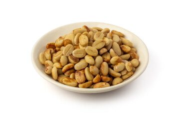 dried coffee beans with hull or parchment skin on white plate, coffea arabica, pulp and skin or flesh of the coffee cherry is removed from the beans, processing step on white background