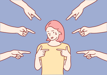Blaming you. Anxious surprised woman being judged by different people pointing fingers at her. Hand drawn style vector design illustrations.