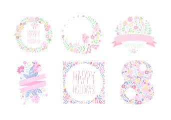 Happy holidays card design templates set. International Women Day, spring holiday. Floral 8 number, frame for greeting or invitation card, poster, flyer vector illustration