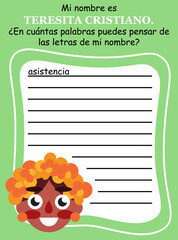 Word game in Spanish for kids vector illustration. Text means My name is Teresita Cristiano. How many words will you make from the letters of my name