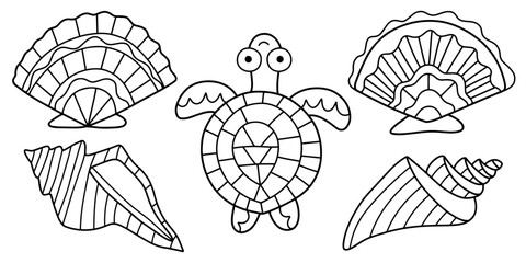 Sea turtle and seashells linear hand-drawn vector illustration. Funny colouring book page with sea theme for adults. Five hand-drawn sea animals black outline white isolated