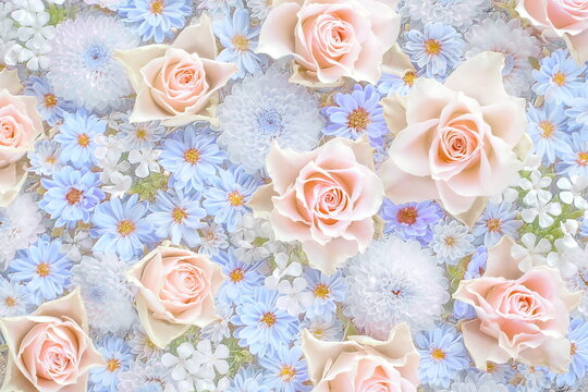 Relief of roses and chrysanthemums. Floral background. 3D illustration. 3D render