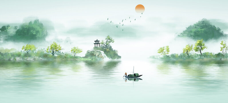Chinese style freehand artistic conception landscape painting background