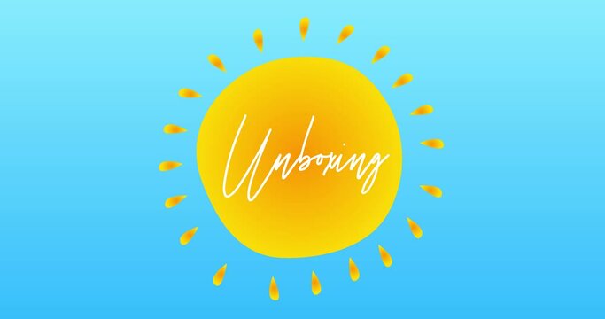 Unboxing text in the center of a yellow hot summer sun on blue sky. Simple animation of a bright orange sunlight.