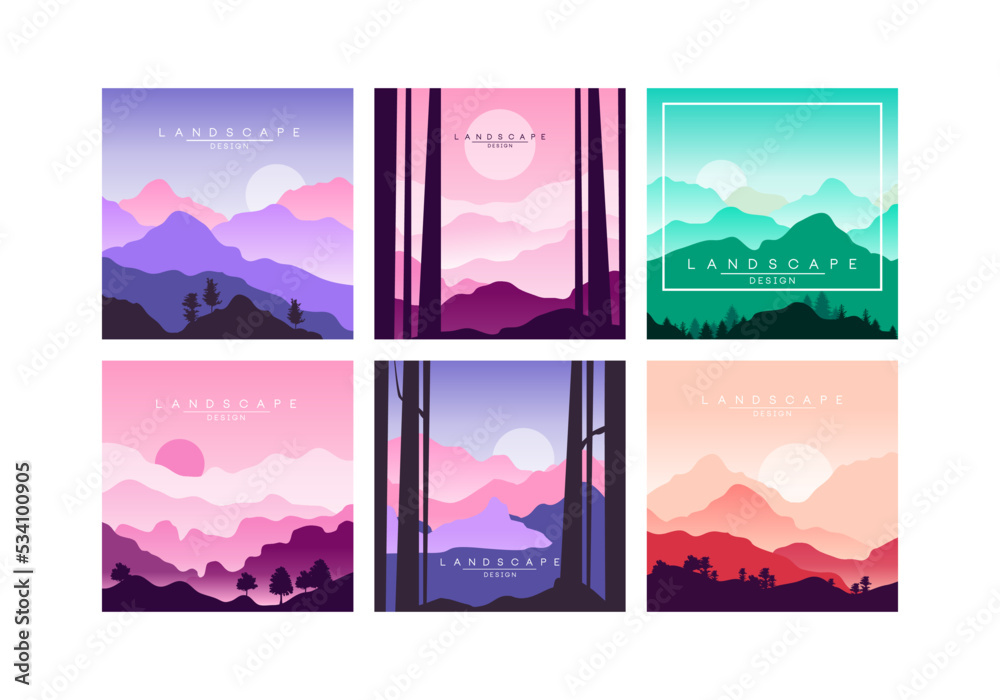 Sticker beautiful mountain landscapes at different day time. picturesque scenes of nature set cartoon vector