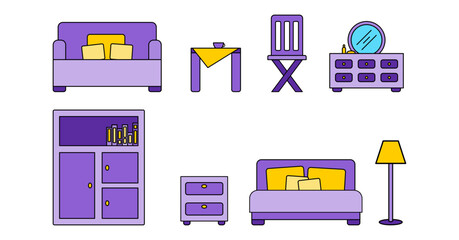 Set of furniture consist of sofa, table, chair, dressing table, cupboard, cabinet, bed, standing lamp