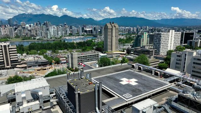 Vancouver General Hospital Helipad Overlooking The Downtown Vancouver Skyline In BC, Canada. - Aerial