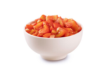 Diced tomato in white bowl isolated on white background.