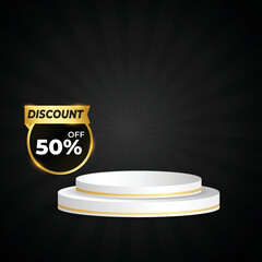 sunbrust Dark Black sunshine with podium and discount tag colorful vector background. Abstract Black wallpaper for banner, ad, social media and template. eps vector file