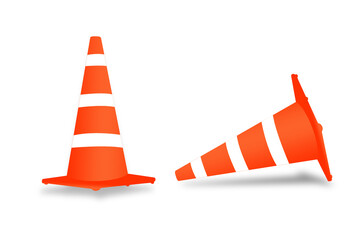 Single orange traffic warning cone or pylon on white background - under construction, maintenance or attention concept