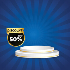 sunbrust dark blue sunshine with podium and discount tag colorful vector background. Abstract Blue wallpaper for banner, ad, social media and template. eps vector file