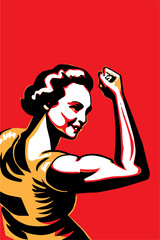 Retro propaganda style illustration of a woman flexing her bicep - obrazy, fototapety, plakaty