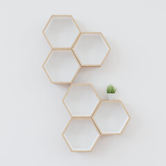 Hexagon wooden shelf, Minimal Japanese style. floating on the wall copy space hexagon, copy space.