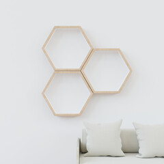 Hexagon wooden shelf, Minimal Japanese style. floating on the wall copy space hexagon, copy space.