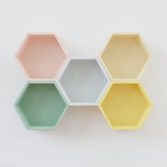 Hexagon wooden shelf, Minimal Japanese style. floating on the wall copy space hexagon, copy space.