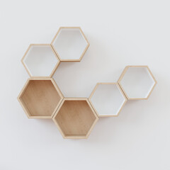 Hexagon wooden shelf, Minimal Japanese style. floating on the wall copy space hexagon, copy space.