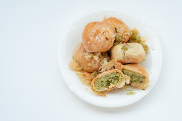 Indonesian local oven baked bread stuffed with green beans, with a crispy layered skin texture