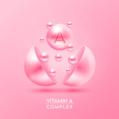 Vitamin A complex and Minerals float out of the capsule isolated on pink background. Dietary supplement for pharmacy advertisement, package design. Vector EPS10.