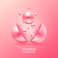 Vitamin B3 complex and Minerals float out of the capsule isolated on pink background. Dietary supplement for pharmacy advertisement, package design. Vector EPS10.