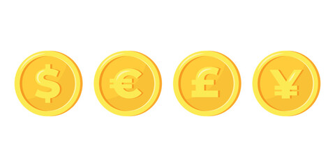 Coins icons set dollar, euro, pound and yuan isolated on white background. Vector illustration