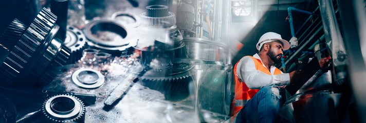 Professional engineering man in protective safety uniform with white hardhat working at factory, Metal working industry concept, Banner cover design.