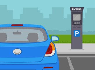 Outdoor parking tips. Close-up view of parked blue sedan car. City parking payment system. Flat vector illustration template.