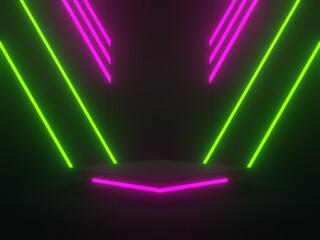 Fototapeta 3D black geometric podium with green and pink neon lights. obraz